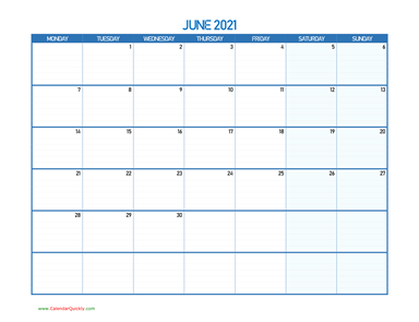 June Monday 2021 Blank Calendar