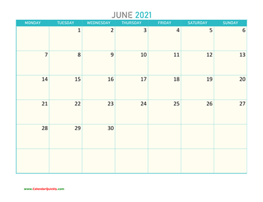 June Monday 2021 Calendar Printable