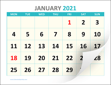 Large Monday Printable 2021 Calendar