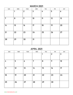 March and April 2021 Calendar Vertical