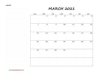 March Blank Calendar 2021 with Notes