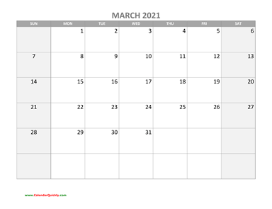 March Calendar 2021 with Holidays