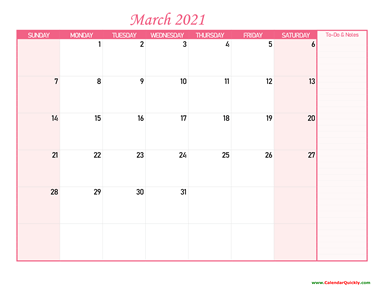 March Calendar 2021 with Notes