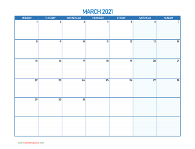 March Monday 2021 Blank Calendar