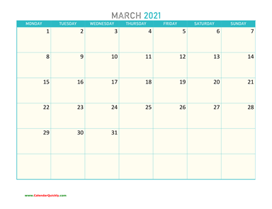 March Monday 2021 Calendar Printable