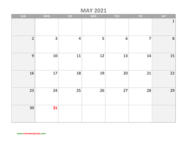 May Calendar 2021 with Holidays