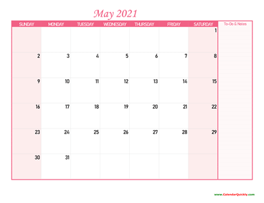 May Calendar 2021 with Notes