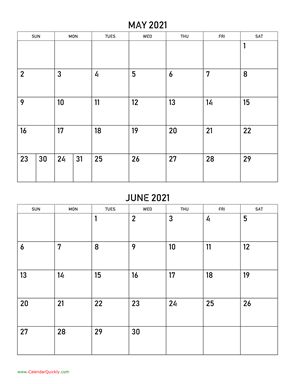 May and June 2021 Calendar Vertical