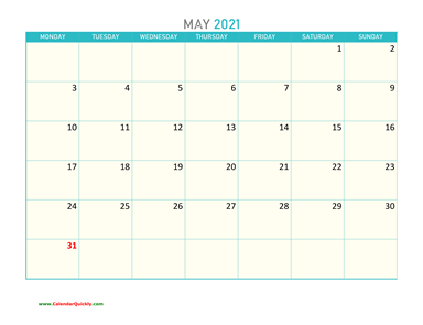 May Monday 2021 Calendar Printable