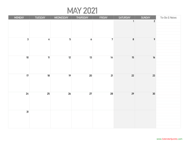 May Monday Calendar 2021 with Notes
