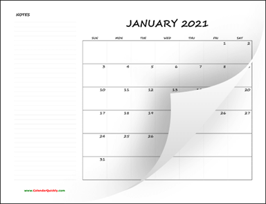 Monthly Blank Calendar 2021 with Notes