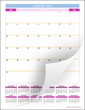 Monthly Calendar 2021 Vertical