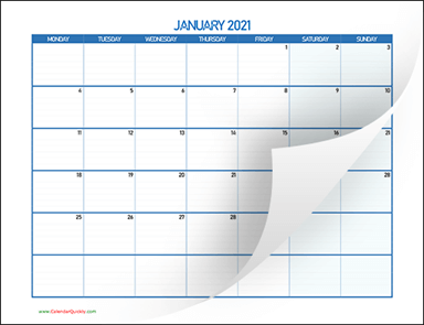 Monthly Monday 2021 Blank Calendar