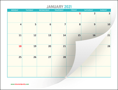 Monthly Monday 2021 Calendar Printable