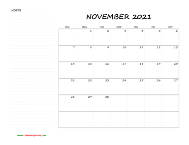 November Blank Calendar 2021 with Notes