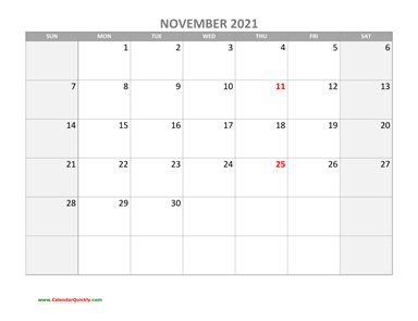 November Calendar 2021 with Holidays