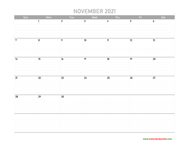 November Calendar 2021 Printable