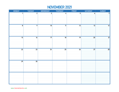 November Monday 2021 Blank Calendar