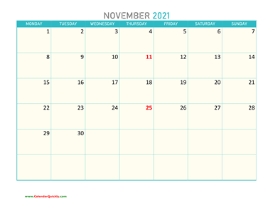 November Monday 2021 Calendar Printable