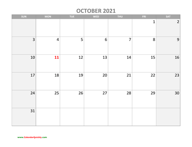 October Calendar 2021 with Holidays