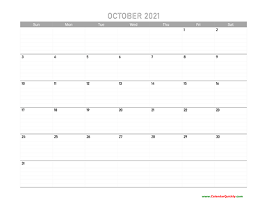 October Calendar 2021 Printable