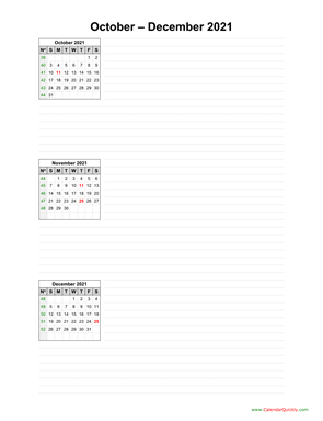 October to December 2021 Calendar with Notes