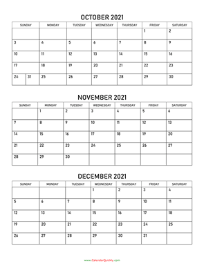 October to December 2021 Calendar Vertical