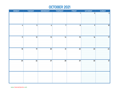 October Monday 2021 Blank Calendar