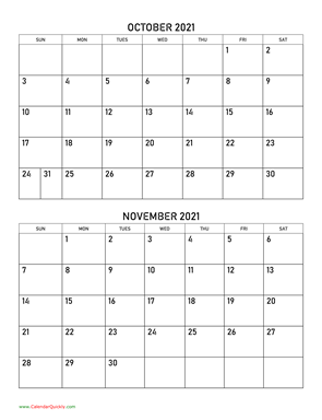 October and November 2021 Calendar Vertical