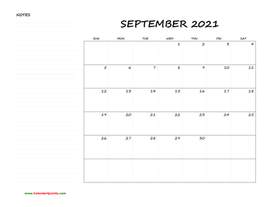 September Blank Calendar 2021 with Notes