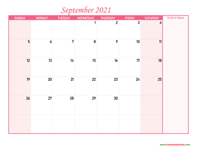 September Calendar 2021 with Notes