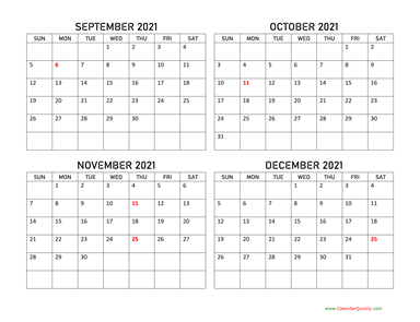 September to December 2021 Calendar