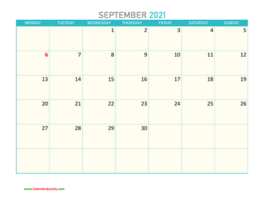 September Monday 2021 Calendar Printable