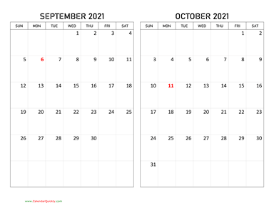 September and October 2021 Calendar Horizontal