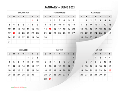 Six Months 2021 Calendar Horizontal