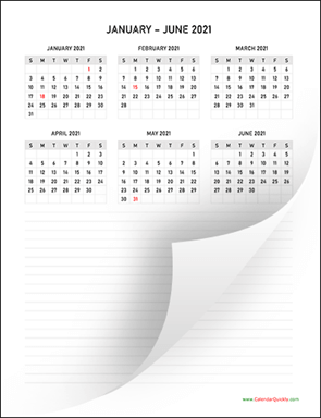 Six Months 2021 Calendar with Notes