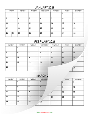 Three Months 2021 Calendar Vertical