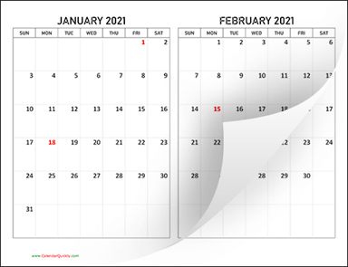 Two Months 2021 Calendar Horizontal