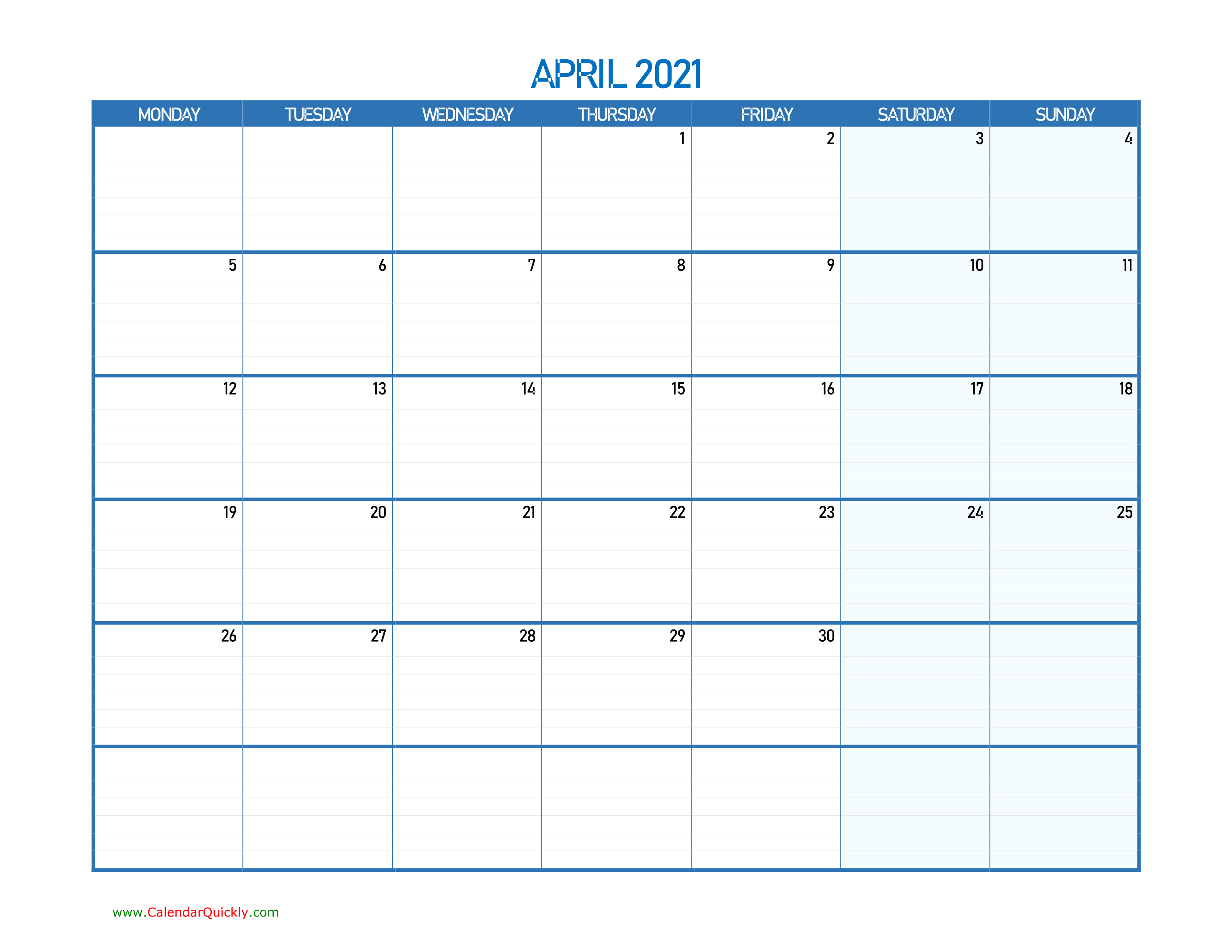 April Monday 2021 Blank Calendar Calendar Quickly