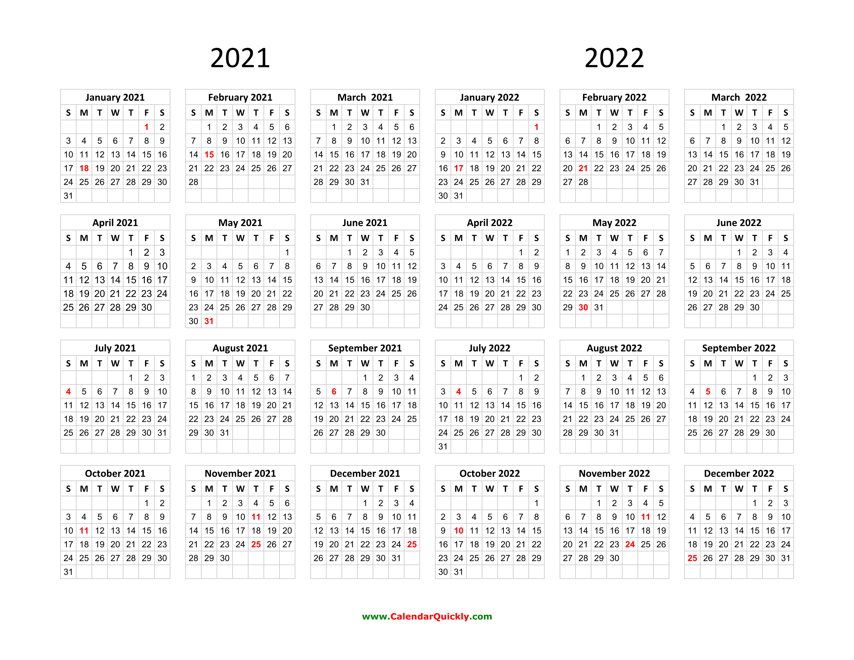 Calendar 2021 and 2022 on One Page Calendar Quickly