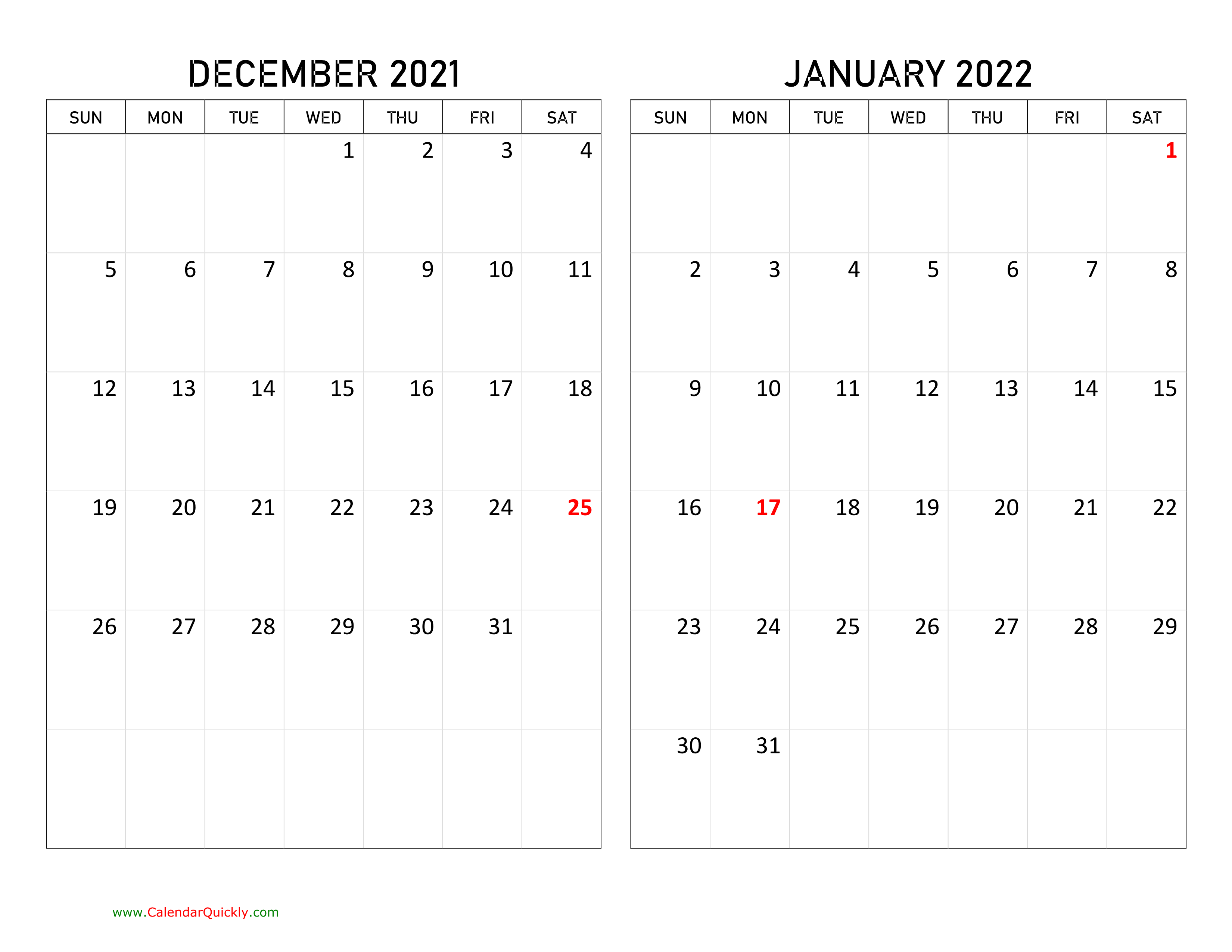 December 2021 and January 2022 Calendar Calendar Quickly