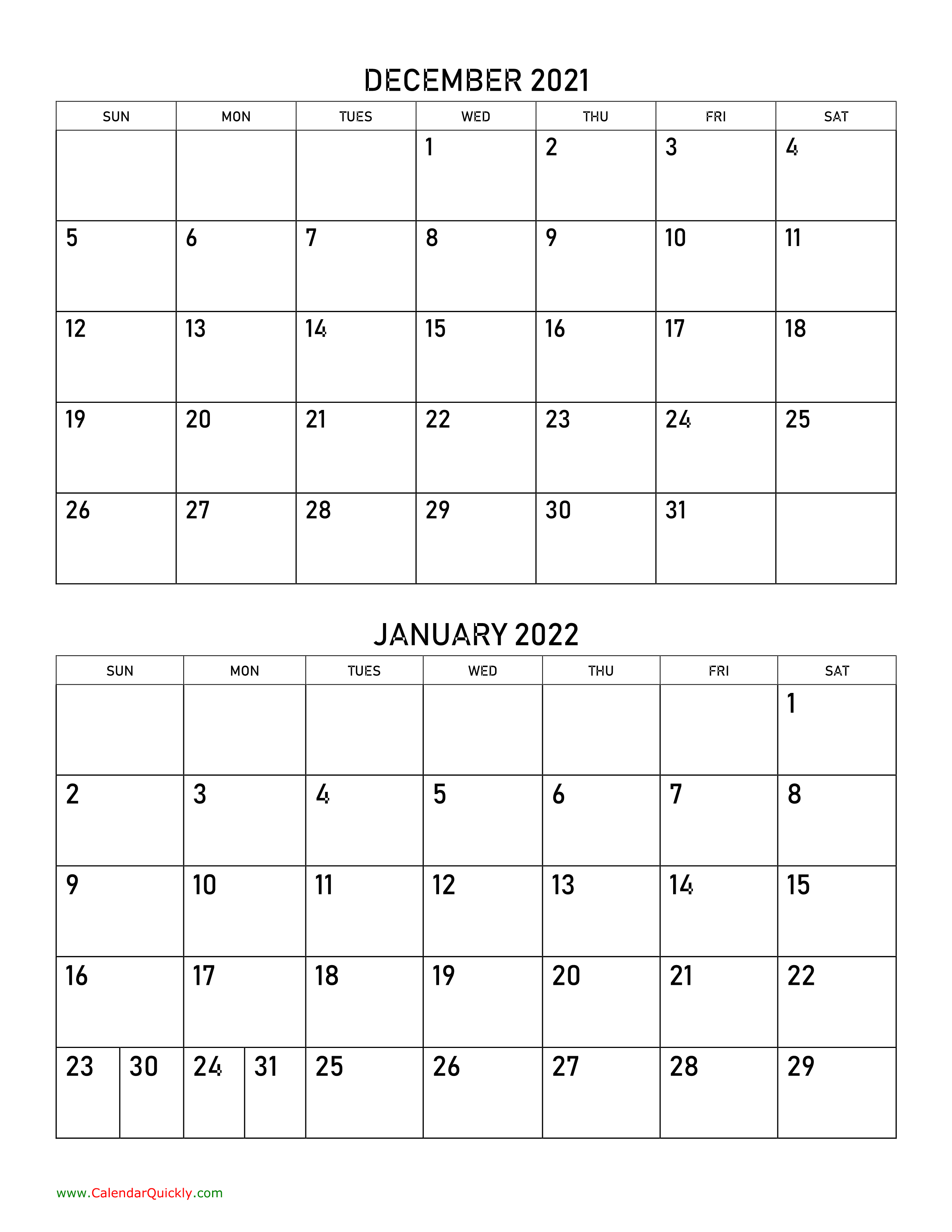 December 2021 And January 2022 Calendar Calendar Quickly