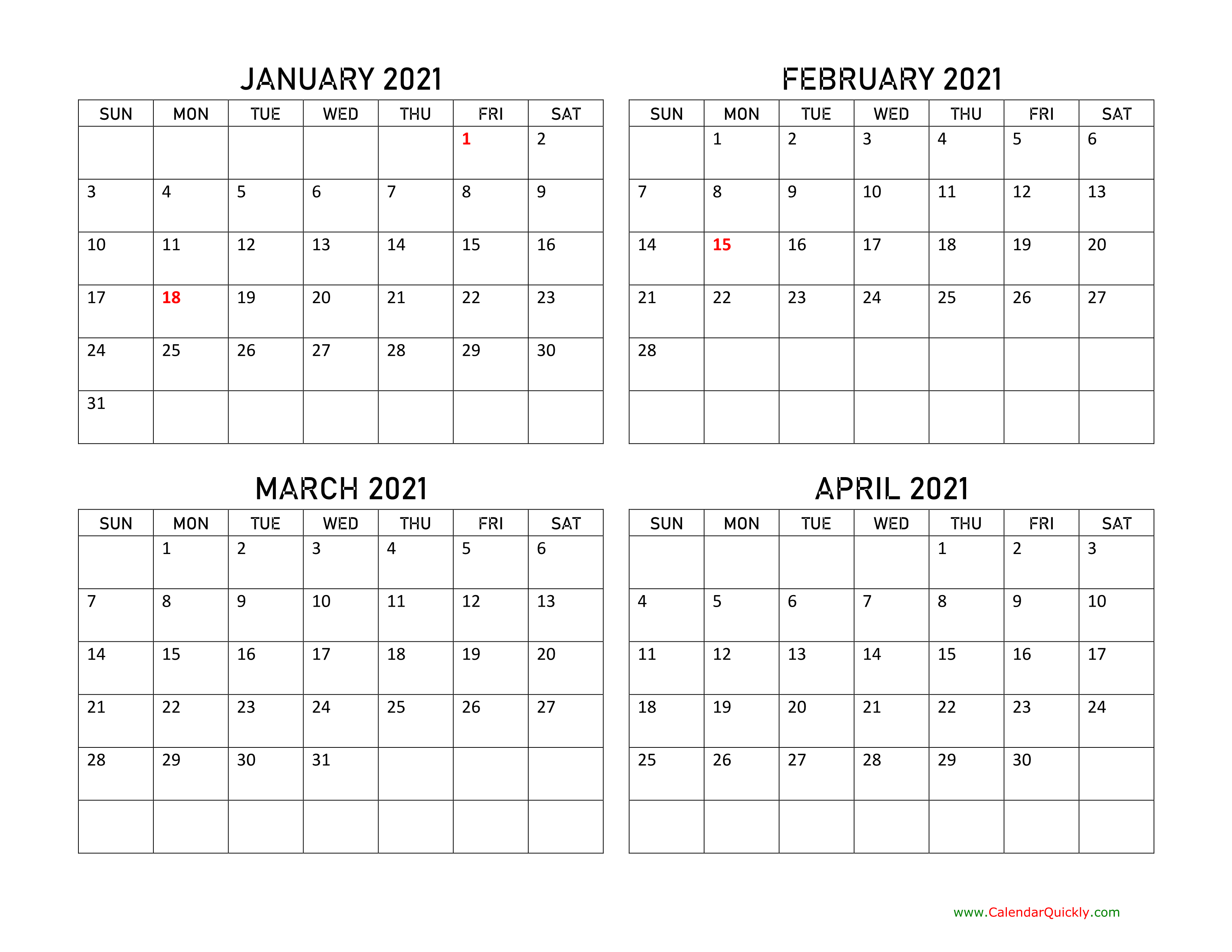 Four Months 2021 Calendar Calendar Quickly