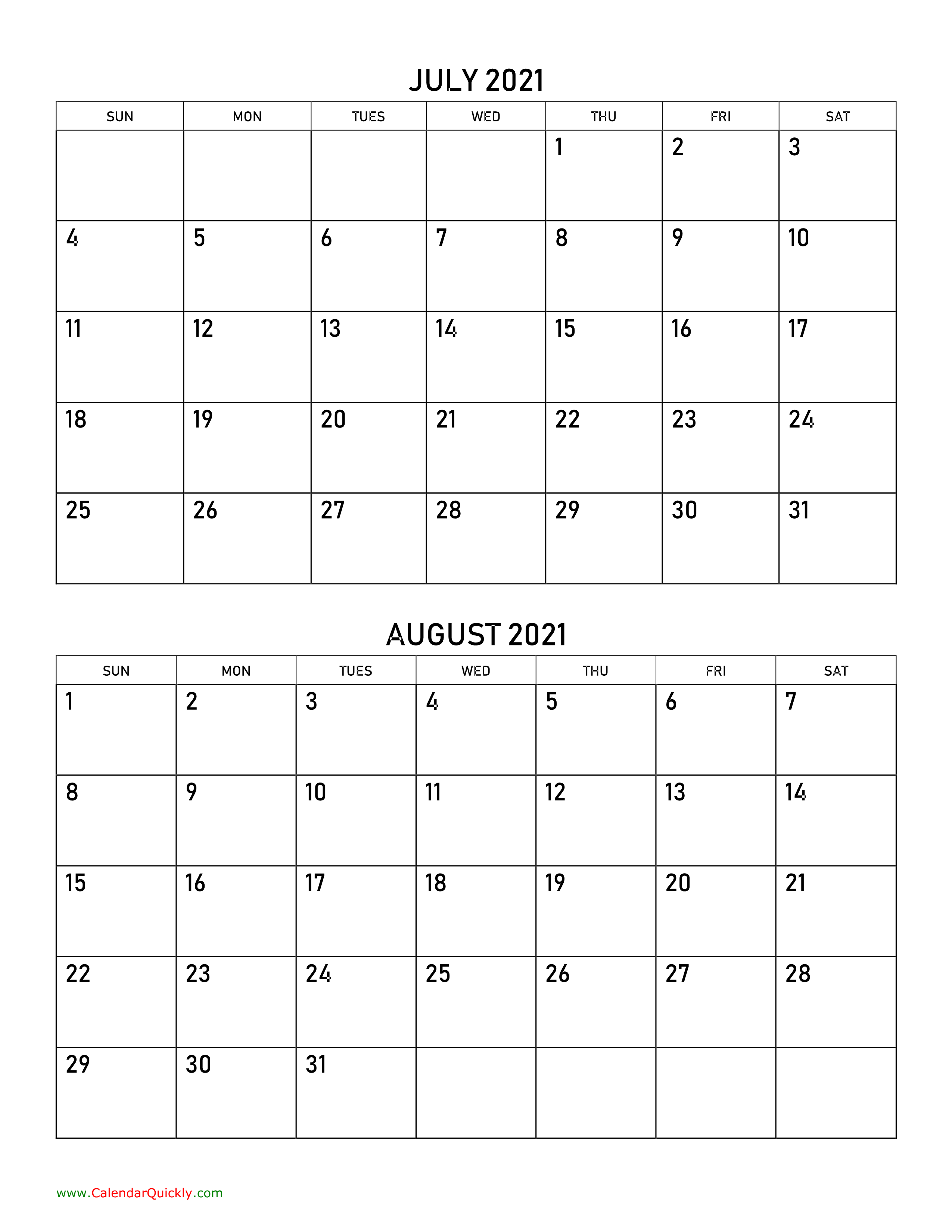 July And August 2021 Calendar Calendar Quickly