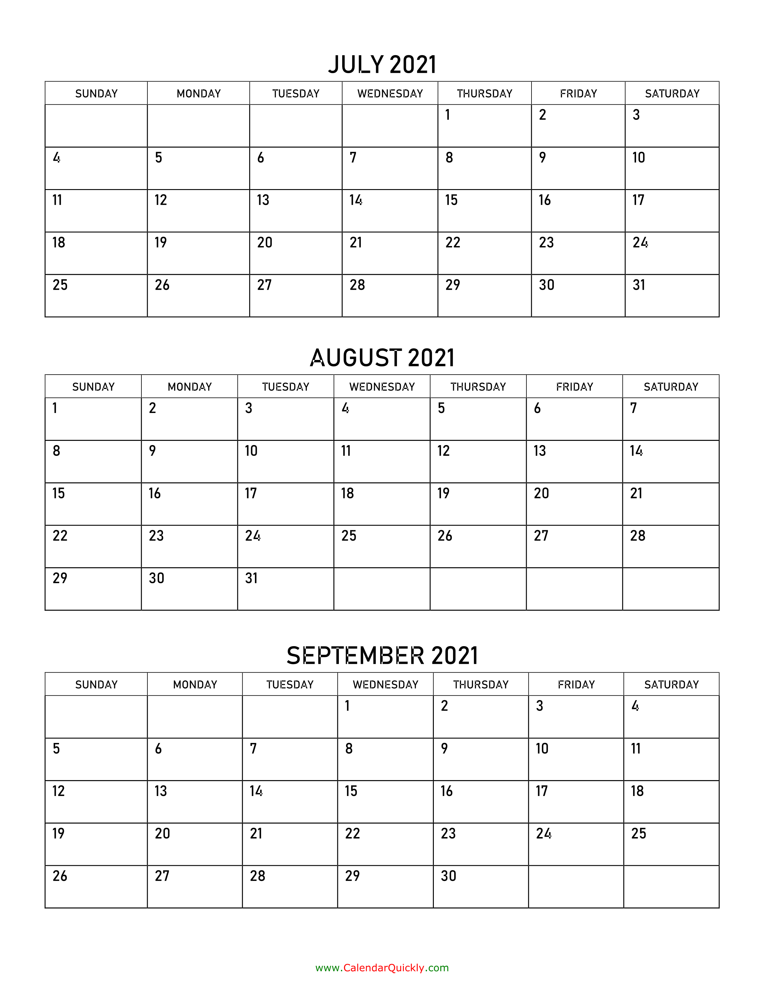 July August September 2021 Calendar Free July August September 2021