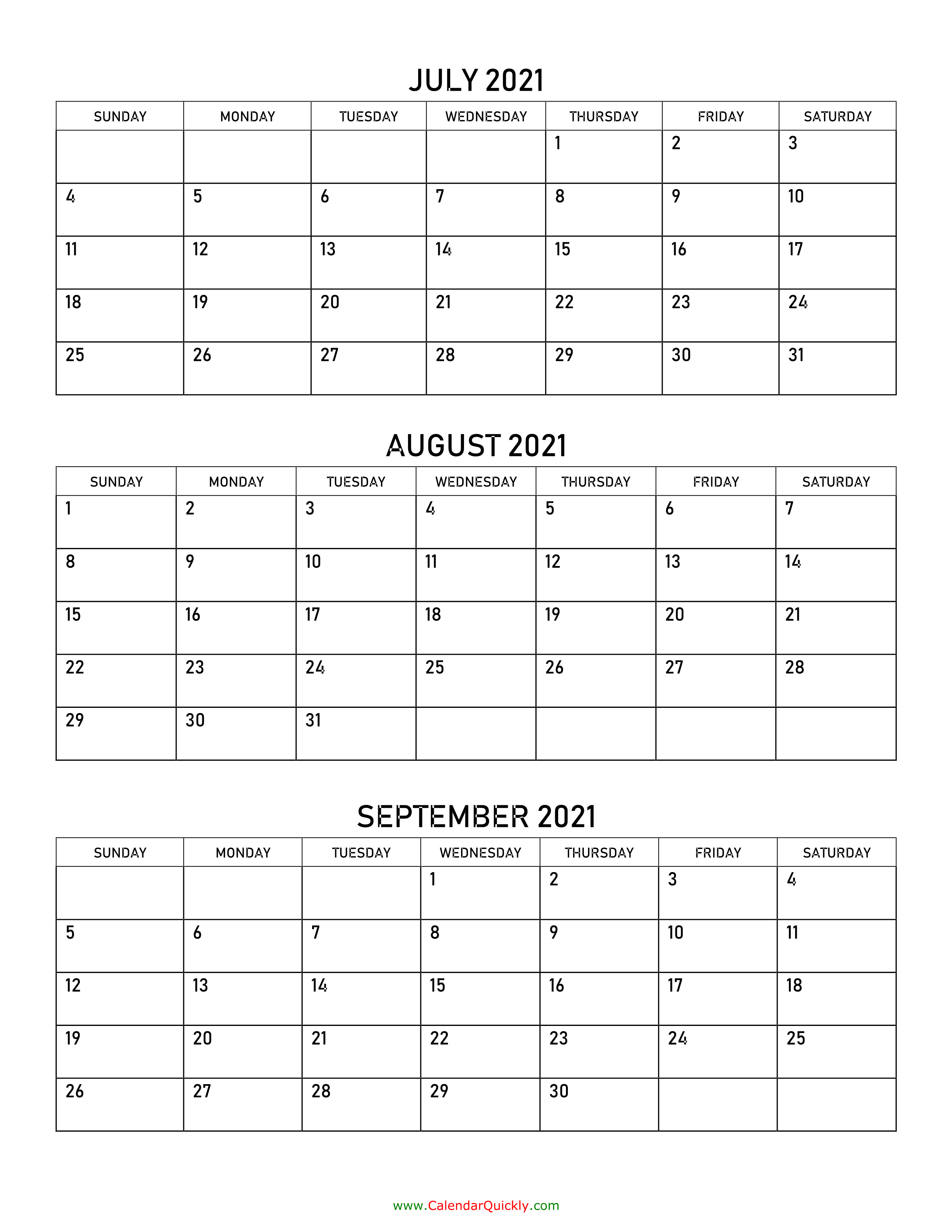 July To September 2021 Calendar Calendar Quickly