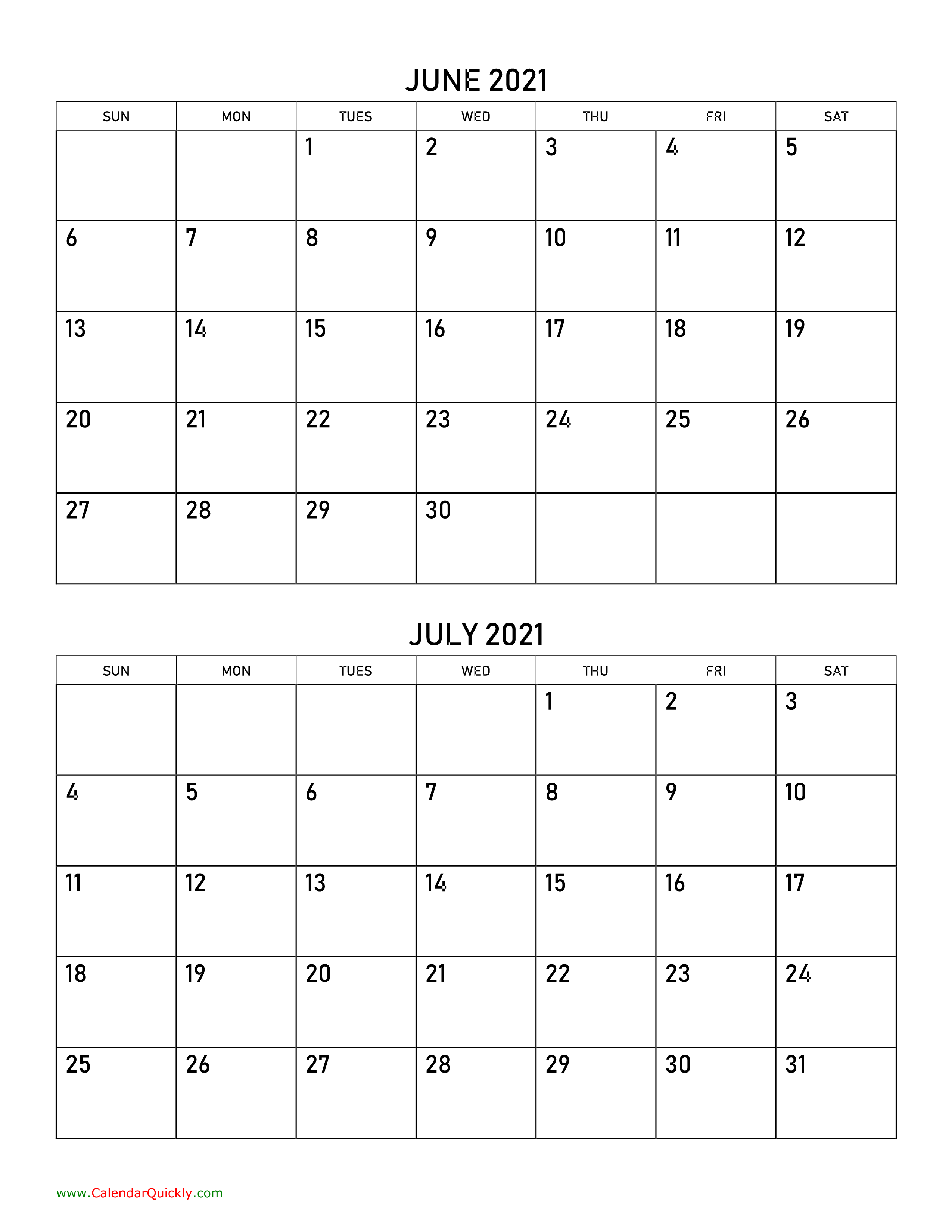 June And July 2021 Calendar Calendar Quickly