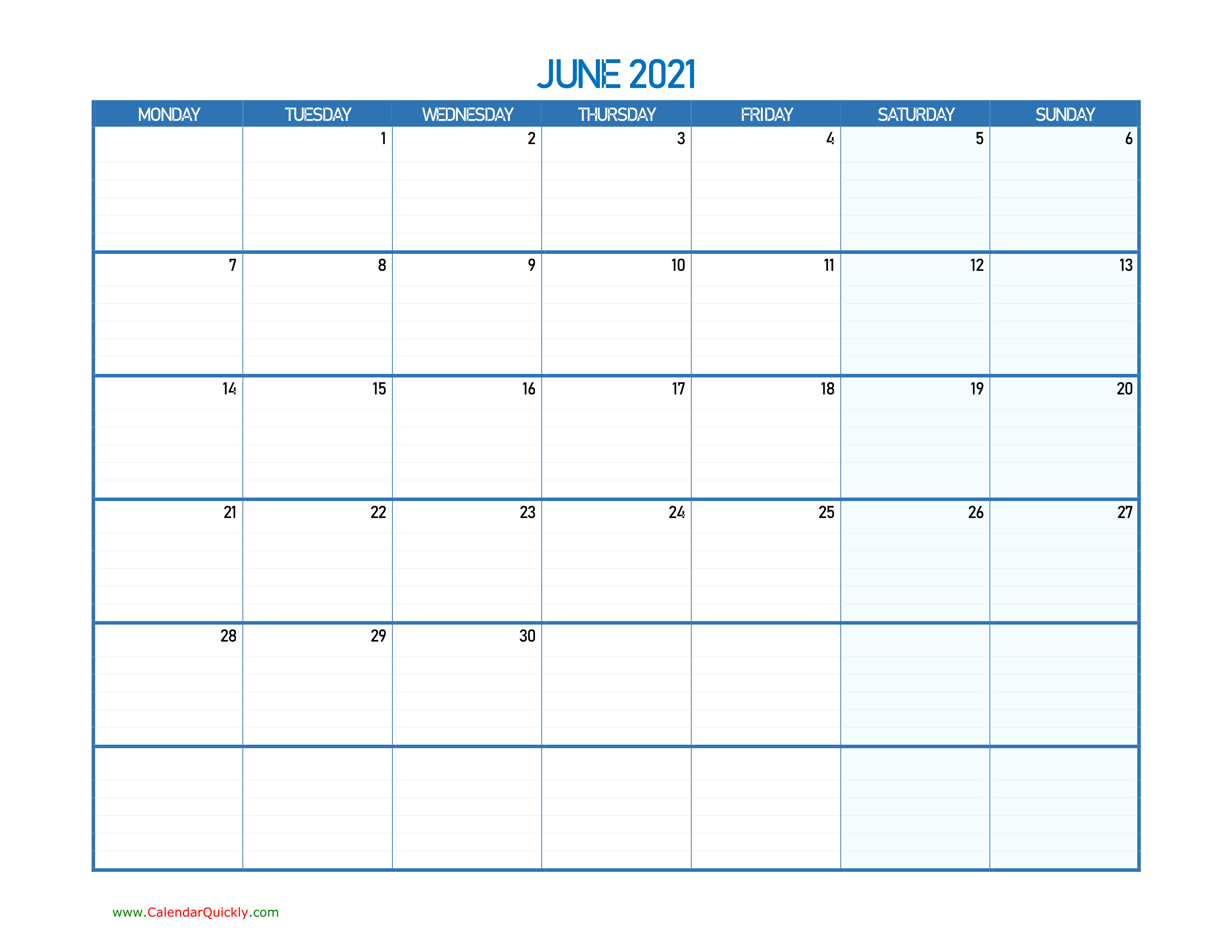 June Monday 2021 Blank Calendar | Calendar Quickly
