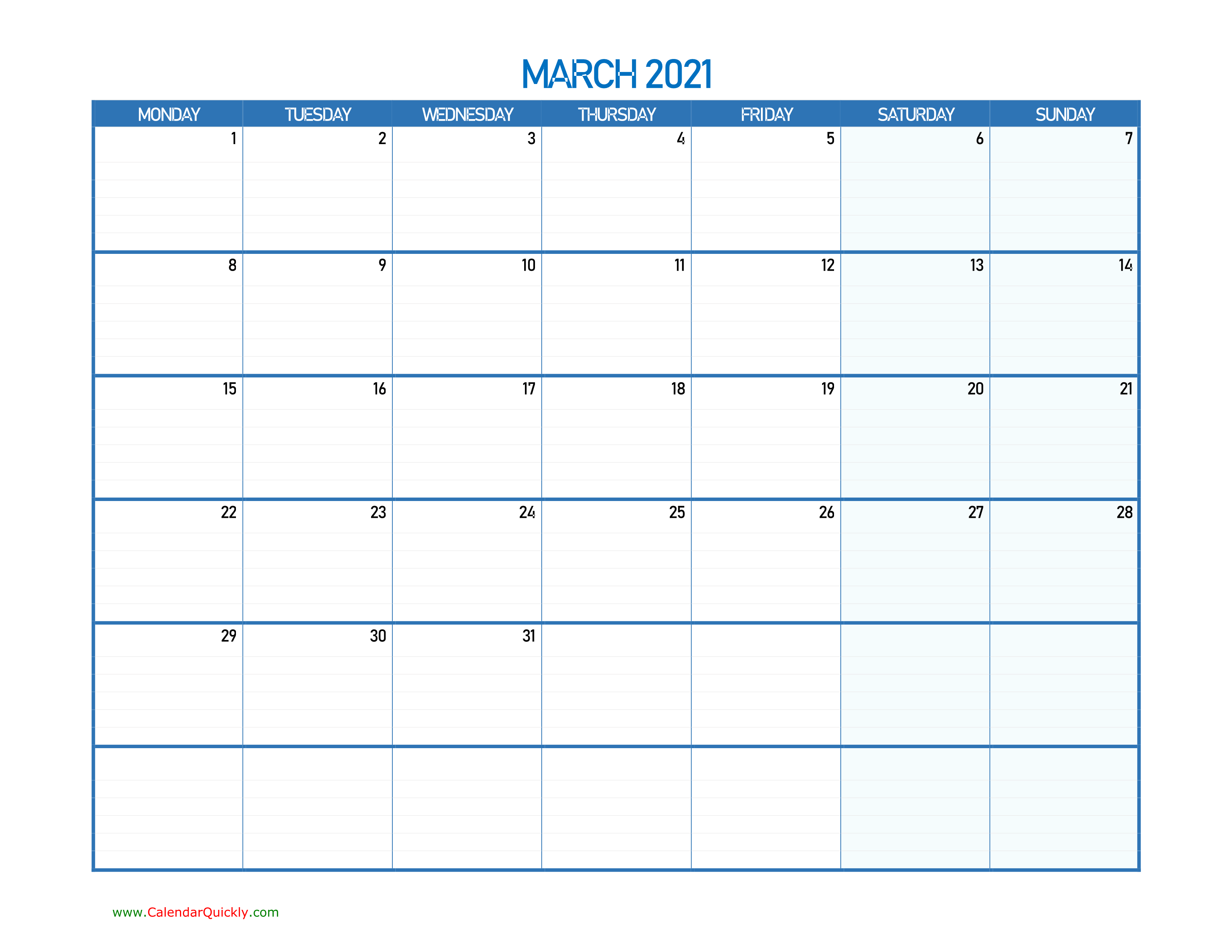 March Monday 2021 Blank Calendar Calendar Quickly