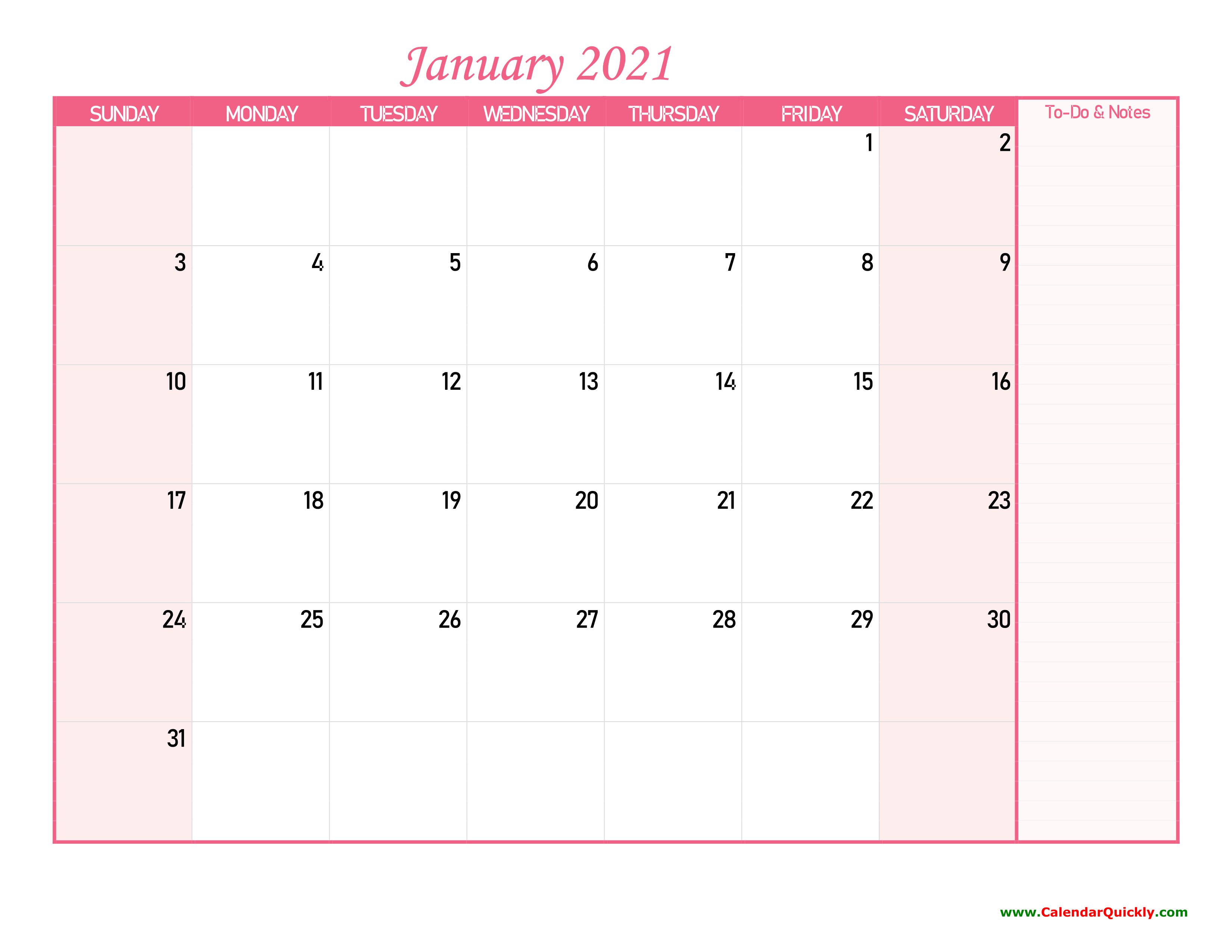 Monthly Calendar 2021 With Notes Calendar Quickly